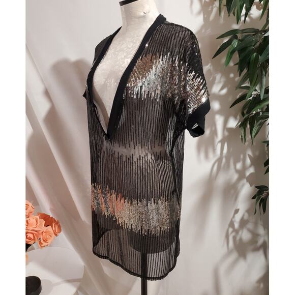INC International Concepts Sheer Sequin Sparkle Deep V-Neck Tunic Top Size L - Picture 2 of 8